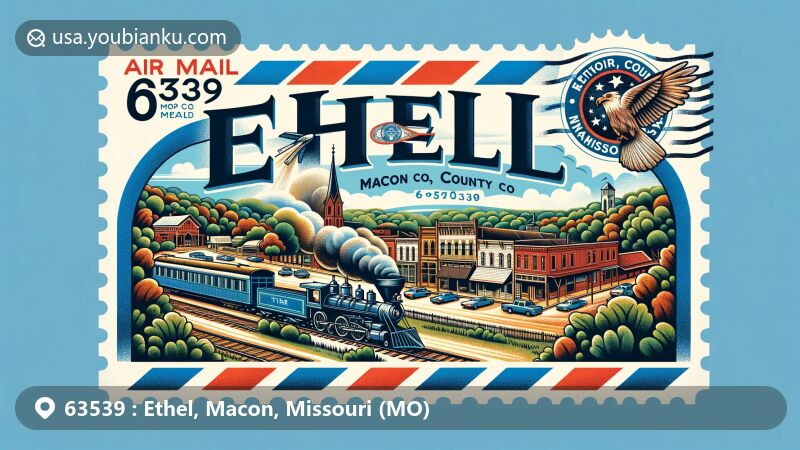 Modern illustration of Ethel, Macon County, Missouri, capturing the charm and historical significance of the area, featuring the Atchison, Topeka, and Santa Fe Railway, lush surroundings, and abundant maple trees in the 'City of Maples'. Presented in the shape of an air mail envelope with postal marks, a stamp of the Missouri state flag, and ZIP code 63539.