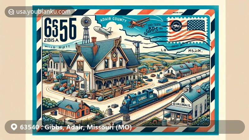Modern illustration of Gibbs, Adair County, Missouri, capturing the village's railway heritage and postal theme with ZIP code 63540, featuring train station, grain elevator, vintage air mail envelope, and Missouri state symbols.