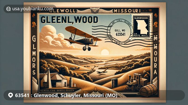 Modern illustration of Glenwood village, Schuyler County, Missouri, highlighting postal theme with ZIP code 63541, featuring vintage air mail envelope and artistic representations of agricultural heritage.