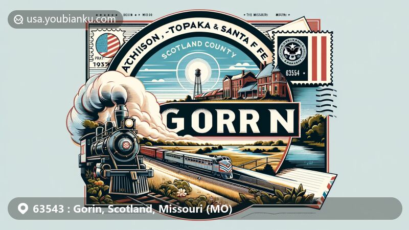 Modern illustration of Gorin, Scotland County, Missouri, highlighting ZIP code 63543, featuring Atchison, Topeka & Santa Fe Railroad and North Fabius River, capturing town's history and charm.