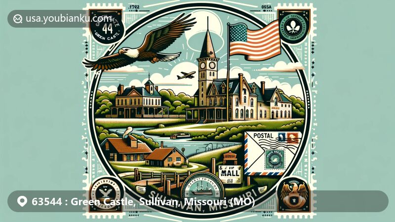 Modern illustration of Green Castle, Sullivan County, Missouri, integrating postal theme with ZIP code 63544, featuring vintage postcard design, air mail elements, and American symbols.