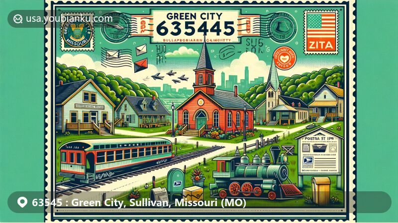 Modern illustration of Green City, Missouri, showcasing postal theme with ZIP code 63545, featuring town landmarks like Green City Presbyterian Church and Green City Railroad Depot.