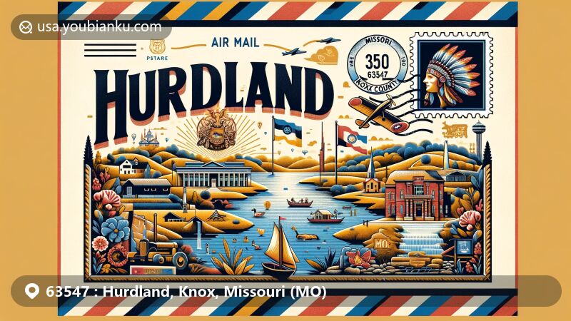 Modern illustration of Hurdland, Missouri, showcasing postal theme with ZIP code 63547, featuring Colonial Knoll Lake, Parsons Lake, and Missouri state symbols.