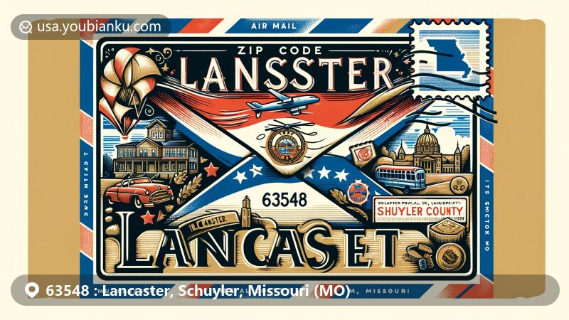 Vintage-style illustration of Lancaster, Schuyler County, Missouri, with postal theme showcasing ZIP code 63548, featuring state flag and local landmarks.