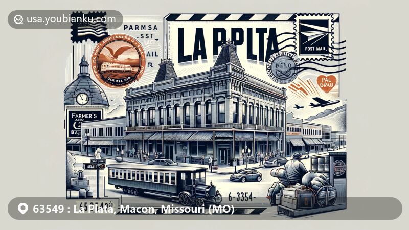 Modern illustration of La Plata, Missouri, featuring La Plata Square Historic District with early commercial architectural styles and notable buildings like Home Press Building, Farmer's and Merchants Bank, and Post Office, integrated with vintage air mail envelope and BNSF Railway postage stamp, highlighting ZIP code 63549 and postal service elements.
