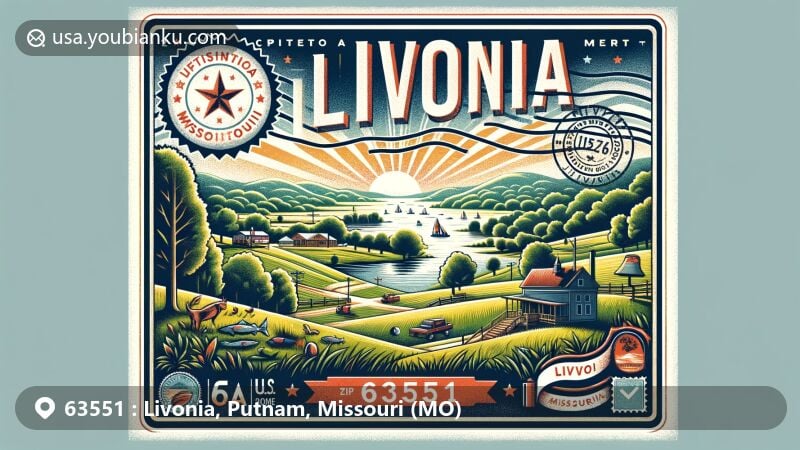 Modern illustration of Livonia, Putnam County, Missouri, capturing the essence of a small, peaceful town in eastern Missouri with lush landscapes and a sense of community, featuring a vintage-style stamp with ZIP code 63551 and an outline of Missouri.