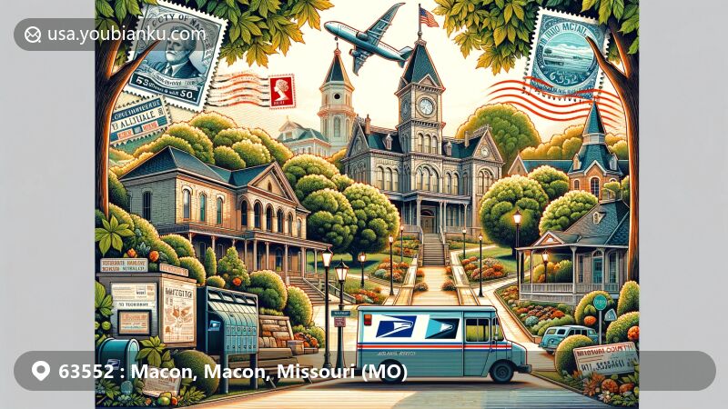 Modern illustration of Macon, Missouri, known as 'The City of Maples,' highlighting abundant maple trees and key landmarks like Blees Military Academy, Macon County Courthouse, and the Wardell House, integrated with postal elements like airmail envelope, stamps, and mail van.