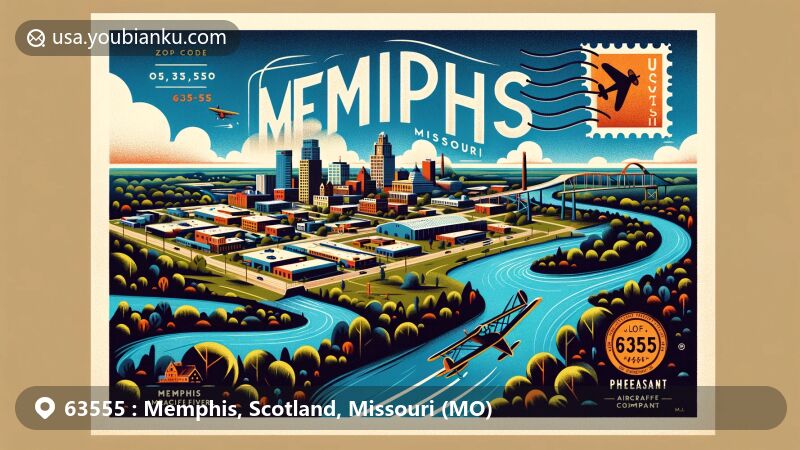Modern illustration of Memphis, Missouri, showcasing the town's picturesque setting along the North Fabius River, with lush landscape and subtle nods to Civil War and aviation history, featuring postal elements like '63555' stamp area and postal markings.