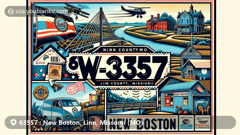 Modern illustration of New Boston, Linn County, Missouri, highlighting postal theme with ZIP code 63557, featuring Missouri state flag, Linn County outline, and iconic symbols of the town.