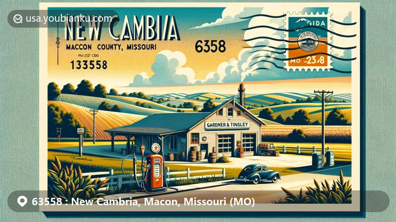 Modern illustration of New Cambria, Macon County, Missouri, featuring ZIP code 63558 and historic Gardner and Tinsley Filling Station, capturing rural charm and community spirit.
