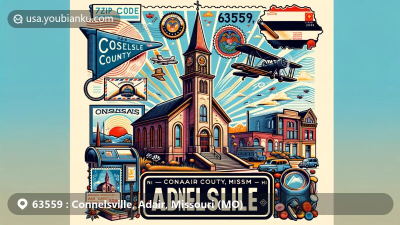 Modern illustration of Connelsville, Adair County, Missouri, showcasing postal theme with ZIP code 63559, featuring St. Mary's Church and Missouri state symbols.