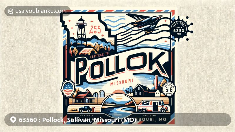 Contemporary illustration of Pollock, Sullivan County, Missouri, inspired by ZIP code 63560, featuring Missouri state flag, Sullivan County outline, and rural Missouri imagery.