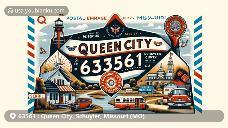 Modern illustration of Queen City, Schuyler County, Missouri, on a vintage air mail envelope, featuring ZIP code 63561 and elements representing local charm, small town atmosphere, history, prairies, Pioneer Days celebration, Bluegrass music festival at Sally Mountain Park, Missouri state symbols.