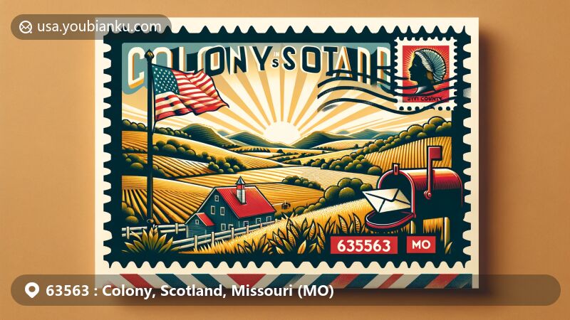 Modern interpretation of Colony, Scotland County, Missouri, showcasing rural landscape with rolling hills and farmlands, Missouri state flag, Scotland County silhouette, and local architecture. Vibrant postage stamp with '63563' and classic red mailbox with open letters inside, framed like an air mail envelope.