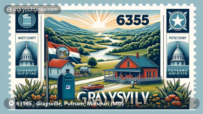 Modern illustration of Graysville, Putnam County, Missouri, showcasing postal theme with ZIP code 63565, featuring natural landscape and Missouri state flag.