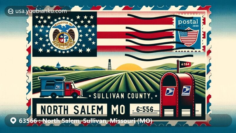 Modern illustration of North Salem, Sullivan, Missouri, showcasing postal theme with ZIP code 63566, featuring Missouri state flag-inspired background and iconic American postal elements.