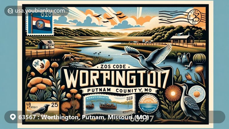 Modern illustration of Worthington, Putnam County, Missouri, featuring the tranquil Chariton River surrounded by Missouri state symbols and postal elements, with a vintage postage stamp depicting the state bird and flower.