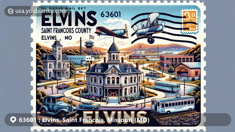 Modern illustration of Elvins, Saint Francois County, Missouri, showcasing the 63601 ZIP code area's blend of postal and regional elements, featuring St. Francois County Jail, St. Joe Lead Company Building, mining heritage, parks like St. Joe State Park, and vintage air mail envelope with postmark.