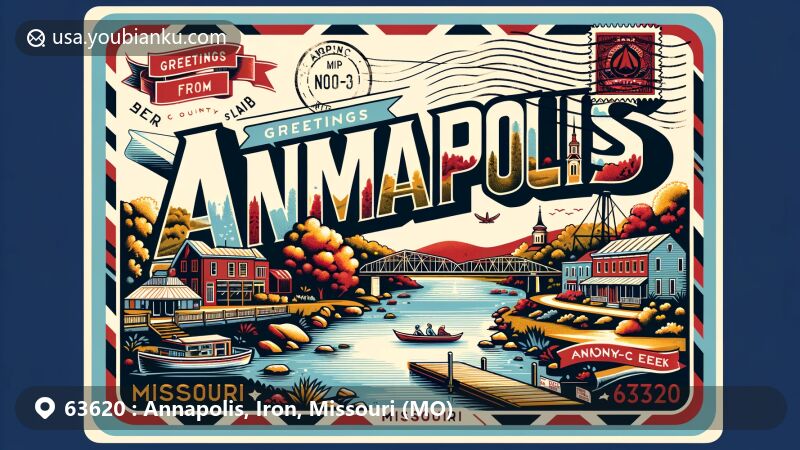 Modern illustration of Annapolis, Iron County, Missouri, capturing the essence of the area with the tranquil river scene of Big Creek, symbolizing Freedom Fest event, and featuring postal elements like vintage airplane mail border, stamp with ZIP Code 63620, and postmark.