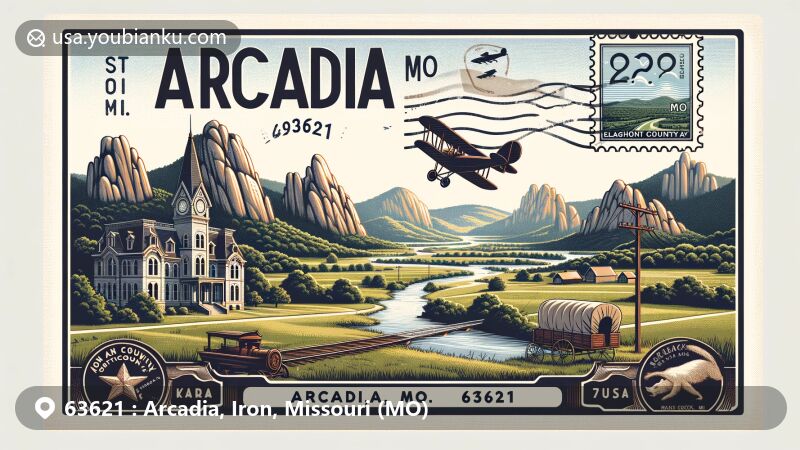Modern illustration of Arcadia, Iron County, Missouri, featuring picturesque Arcadia Valley, St. Francois Mountains, and Elephant Rocks State Park, with vintage postal elements and a serene valley atmosphere.