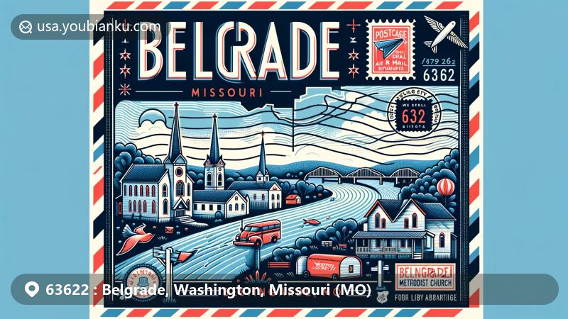 Modern illustration of Belgrade, Missouri, showcasing postal theme with ZIP code 63622, featuring Washington County outline, Big River, Belgrade United Methodist Church, and Liberty Baptist Church icons.