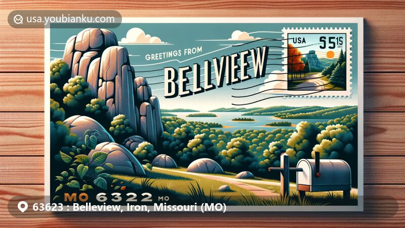 Modern illustration of Belleview, Iron County, Missouri, featuring ZIP code 63623. Left side showcases Elephant Rocks State Park with giant granite boulders, while right side depicts Mark Twain National Forest. Vintage mailbox with autumn leaves adds an autumnal touch.