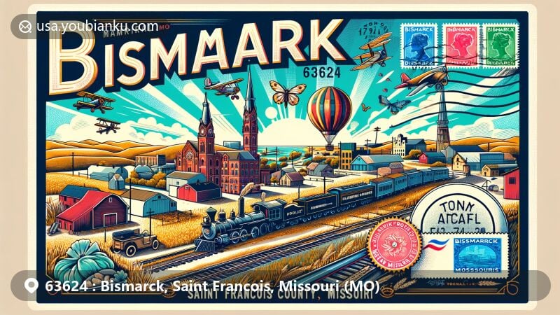 Modern illustration of Bismarck, Missouri, featuring postal theme with ZIP code 63624, highlighting agriculture, railway history, and German heritage, with a scenic view of Bismarck's landscapes. Includes airmail envelope, stamps, postmark, and Saint Francois County stamp.