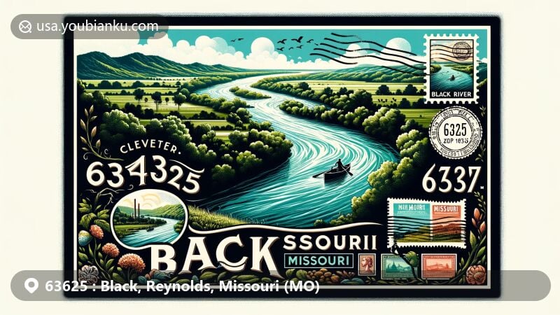 Modern illustration of Black, Missouri, in Reynolds County, featuring the serene Black River and lush landscape, harmonizing natural beauty with postal theme of ZIP Code 63625.