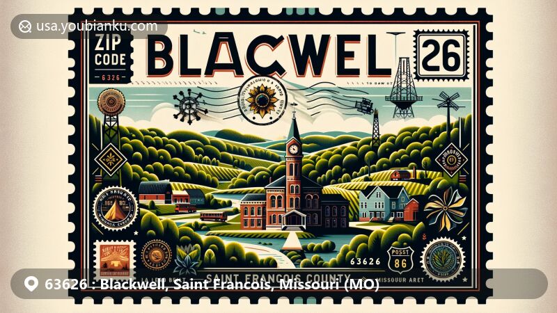 Contemporary illustration of Blackwell, Saint Francois County, Missouri, featuring a creative postal theme with Mark Twain National Forest and St. Francois County Courthouse, showcasing the region's mining history and lush landscapes.