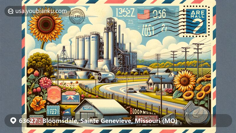Modern illustration of Bloomsdale, Sainte Genevieve County, Missouri, featuring postal theme with ZIP code 63627, showcasing scenic view, Holcim cement plant, and Bloomsdale Fun Farm.