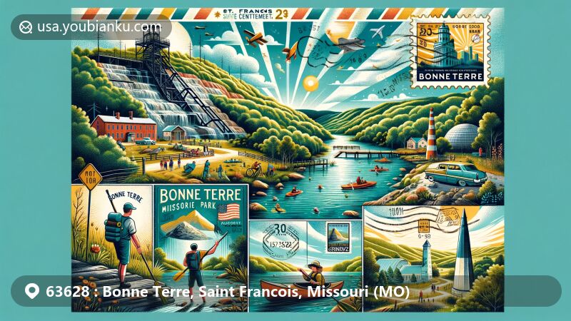 Vibrant illustration of the Bonne Terre area in Saint Francois County, Missouri, featuring ZIP code 63628, highlighting Bonne Terre Mine, St. Francois State Park, and space-themed elements from The Space Museum and Grissom Center.