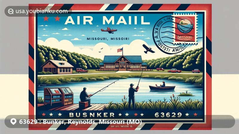 Modern illustration of Bunker, Missouri, capturing rustic charm and small-town living, highlighting postal theme with ZIP code 63629.