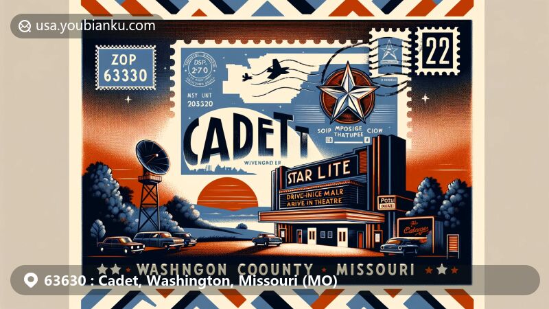 Modern illustration of Cadet, Washington County, Missouri, embracing postal theme with ZIP code 63630, showcasing Starlite Drive-In Theatre and local symbols in a colorful and nostalgic style.