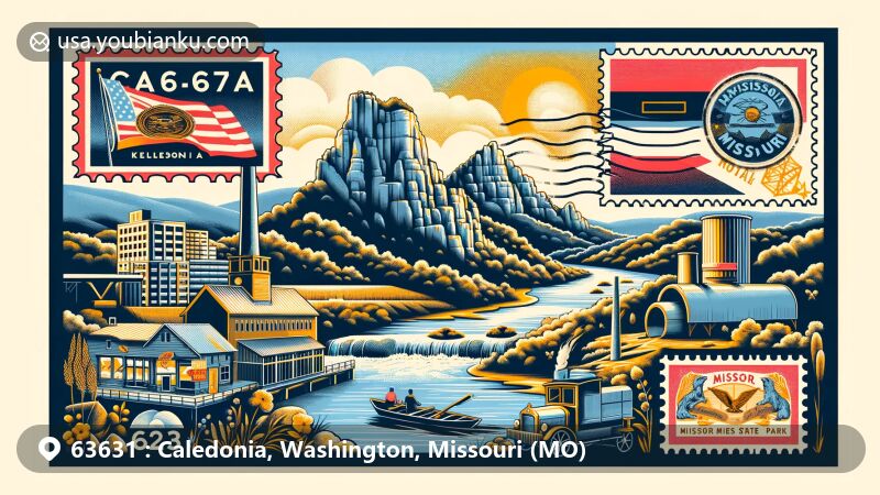 Modern illustration of Caledonia, Washington County, Missouri, with a postal card design featuring Bellevue Valley, Johnson Shut-Ins State Park, and Missouri Mines Historic Site, enriched with Missouri state flag and postal elements.