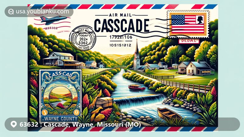 Modern illustration of peaceful countryside scenery in Wayne County, Cascade Township, Missouri, featuring Little Creek flowing through lush greenery, showcasing the serene natural environment of the area with a creative modern airmail envelope design themed around Missouri, incorporating the Missouri state flag, Wayne County outline, and a depiction of the Cascade community. The envelope includes a vintage stamp highlighting Wayne County as 'UFO Capital' alongside a postmark with the postal code '63632' and today's date. The overall illustrative style is vivid, contemporary, and eye-catching, ideal for showcasing Cascade's unique charm and postal heritage, while also emphasizing its historical significance and current title as Missouri's UFO Capital.