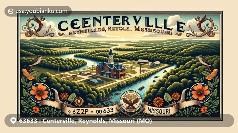 Vintage-style illustration of Centerville, Reynolds County, Missouri, showcasing the quaint charm along the West Fork of the Black River, featuring the iconic antebellum county courthouse and Ozark Foothills beauty.