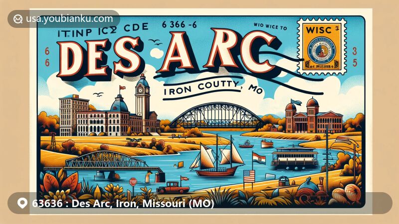 Modern illustration of Des Arc, Iron County, Missouri, capturing the essence of small-town charm and scenic Ozarks, featuring vintage postcard layout with state flag, regional elements, and postal theme of ZIP code 63636.