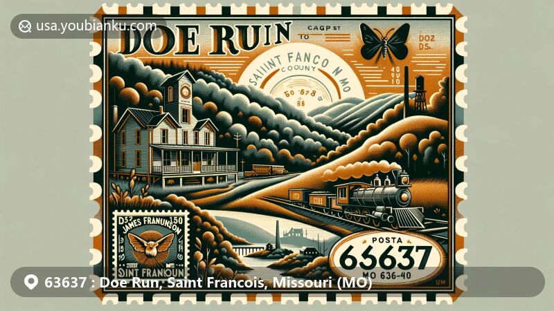 Modern illustration of Doe Run, Saint Francois County, Missouri, showcasing the ZIP code 63637 and the area's natural beauty with rolling hills and dense forests, capturing its mining history as a lead-mining town since 1880.