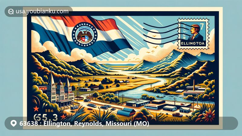 Modern illustration of Ellington, Reynolds County, Missouri, blending Ozark Highlands' natural beauty with postal elements, featuring Missouri state flag and ZIP code 63638.