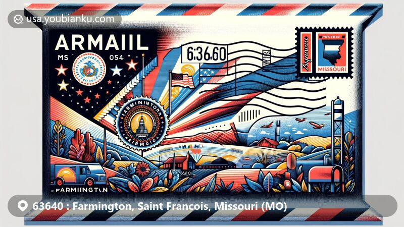 Modern illustration of airmail envelope with ZIP code 63640 and 'Farmington, MO', featuring Missouri symbols and an imagined landmark, creatively incorporating postal elements and natural characteristics of the region.