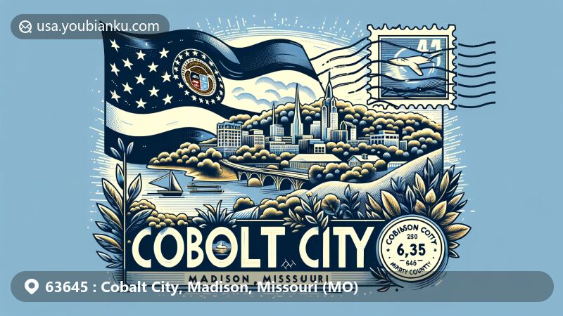 Modern illustration of Cobalt City, Madison, Missouri, combining Missouri state flag, regional landscape, Madison County outline, and postal elements with postcard shape, stamps, and postmark with ZIP code 63645. Reflecting local beauty, culture, and postal theme.