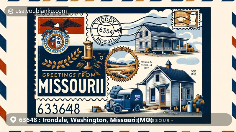 Modern illustration of Irondale, Washington, Missouri, representing postal code 63648, featuring Missouri state flag and seal, designed as an airmail-style postcard with stamp, postmark, and classic American postal elements.