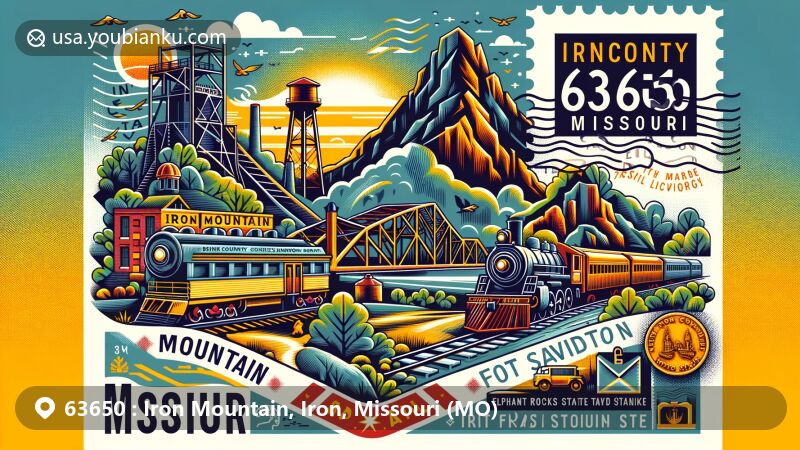 Modern illustration of Iron Mountain, Iron County, Missouri, depicting rich history in iron mining and railroad heritage, along with natural beauty of Ozark Plateau and Saint Francois Mountains.