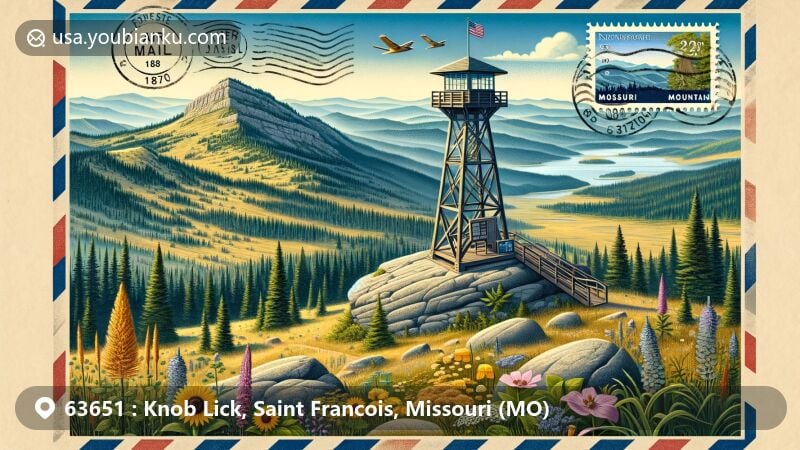 Vivid illustration of Knob Lick, Missouri, highlighting Knob Lick Mountain, Towersite, and postal theme, with native flora and postal elements like the Missouri state flag stamp.