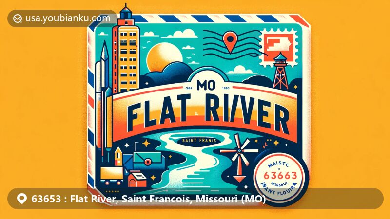 Creative illustration of Flat River, Saint Francois, Missouri, merging postal elements with natural beauty, featuring ZIP code 63653, highlighting Flat River and Saint Francois County.