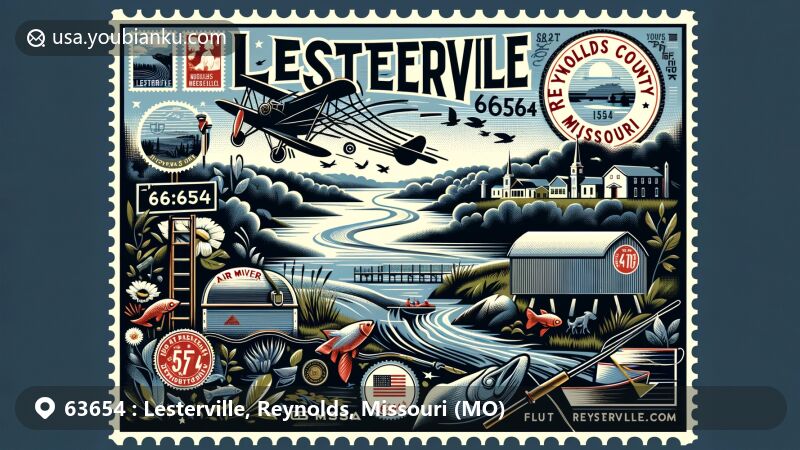 Modern illustration of Lesterville, Reynolds County, Missouri, featuring postal elements with ZIP code 63654, showcasing Black River, local biodiversity, vintage airmail envelope, stamp, and postmark, creatively integrated with county and state outlines.
