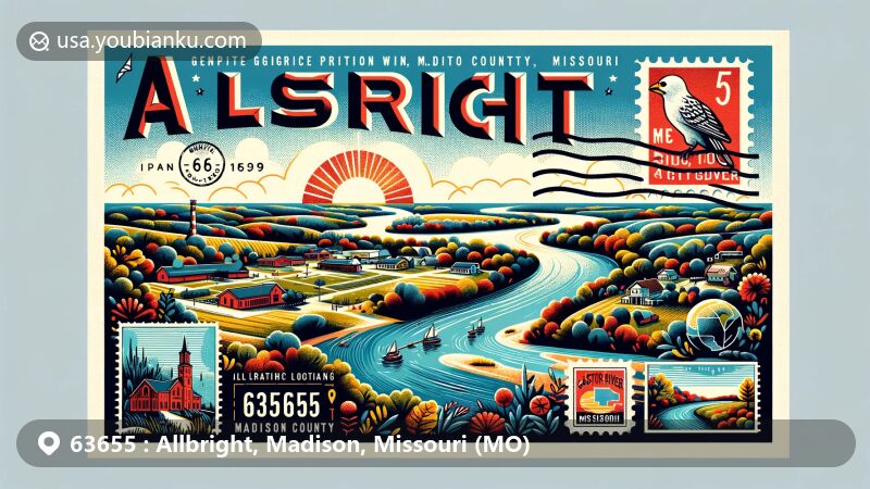 Modern illustration of Allbright area in Madison County, Missouri, with ZIP code 63655, featuring Gimlet Creek and Castor River floodplain.