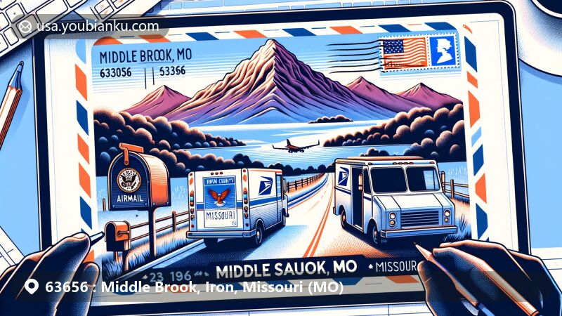 Creative illustration of Middle Brook, Iron County, Missouri, with Taum Sauk Mountain in the background, showcasing postal theme with ZIP code 63656 and Missouri stamp, featuring American-style mailbox and postal van.