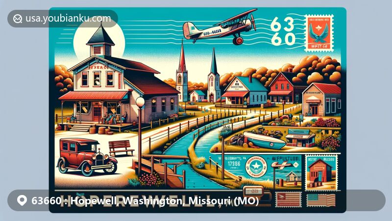 Modern illustration of Hopewell, Washington, Missouri, showcasing postal theme with ZIP code 63660, featuring Hopewell General Store, Union Church, and Hopewell Creek.