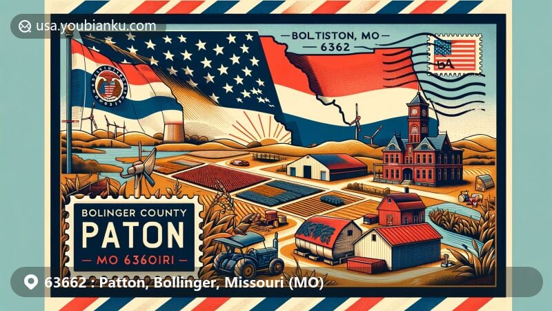 Modern illustration of Patton, Bollinger County, Missouri, featuring ZIP code 63662, showcasing rural American life with farms, rolling hills, and Missouri state flag.